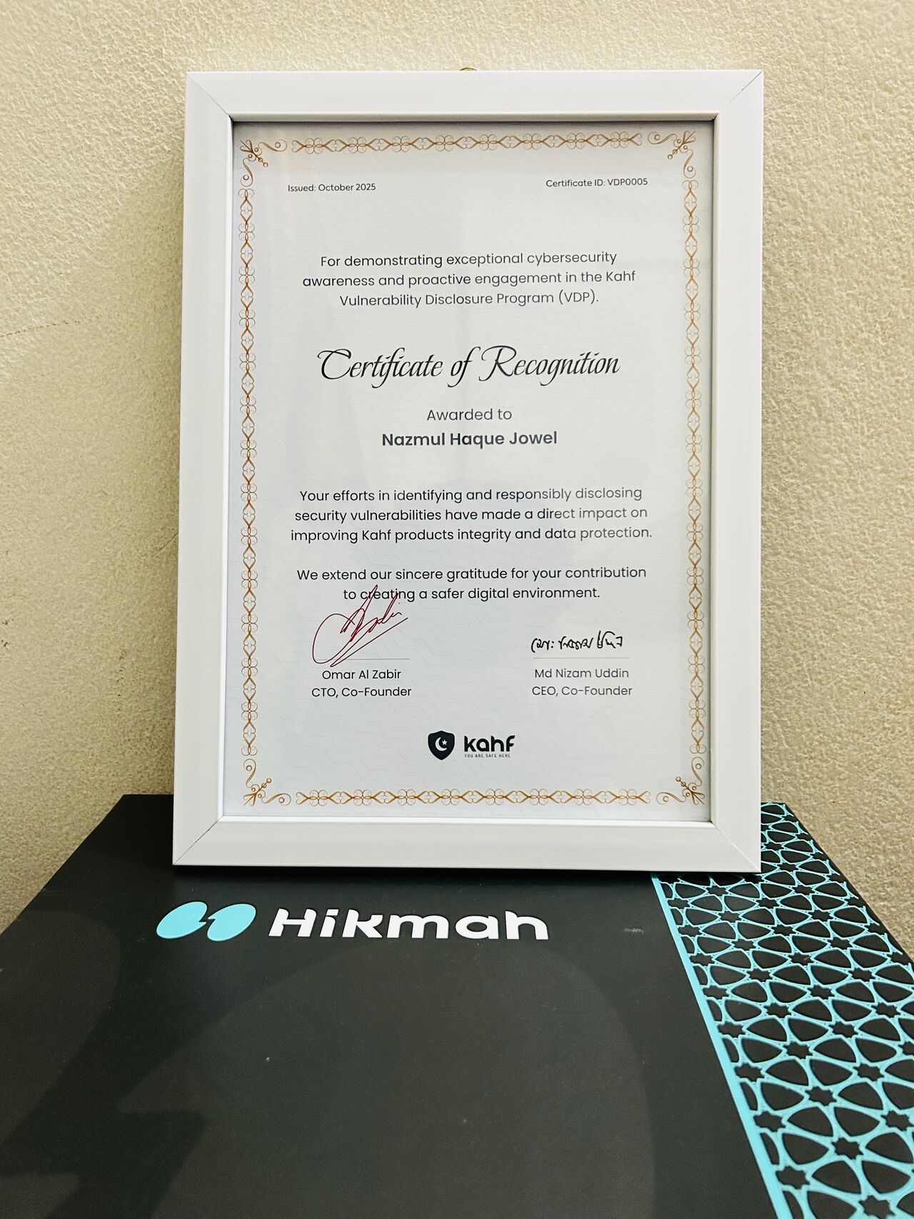 Kahf Certificate of Recognition