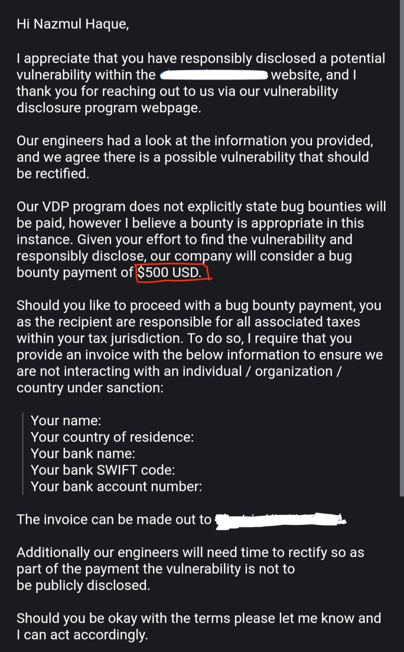 Bug Bounty Monetary Reward